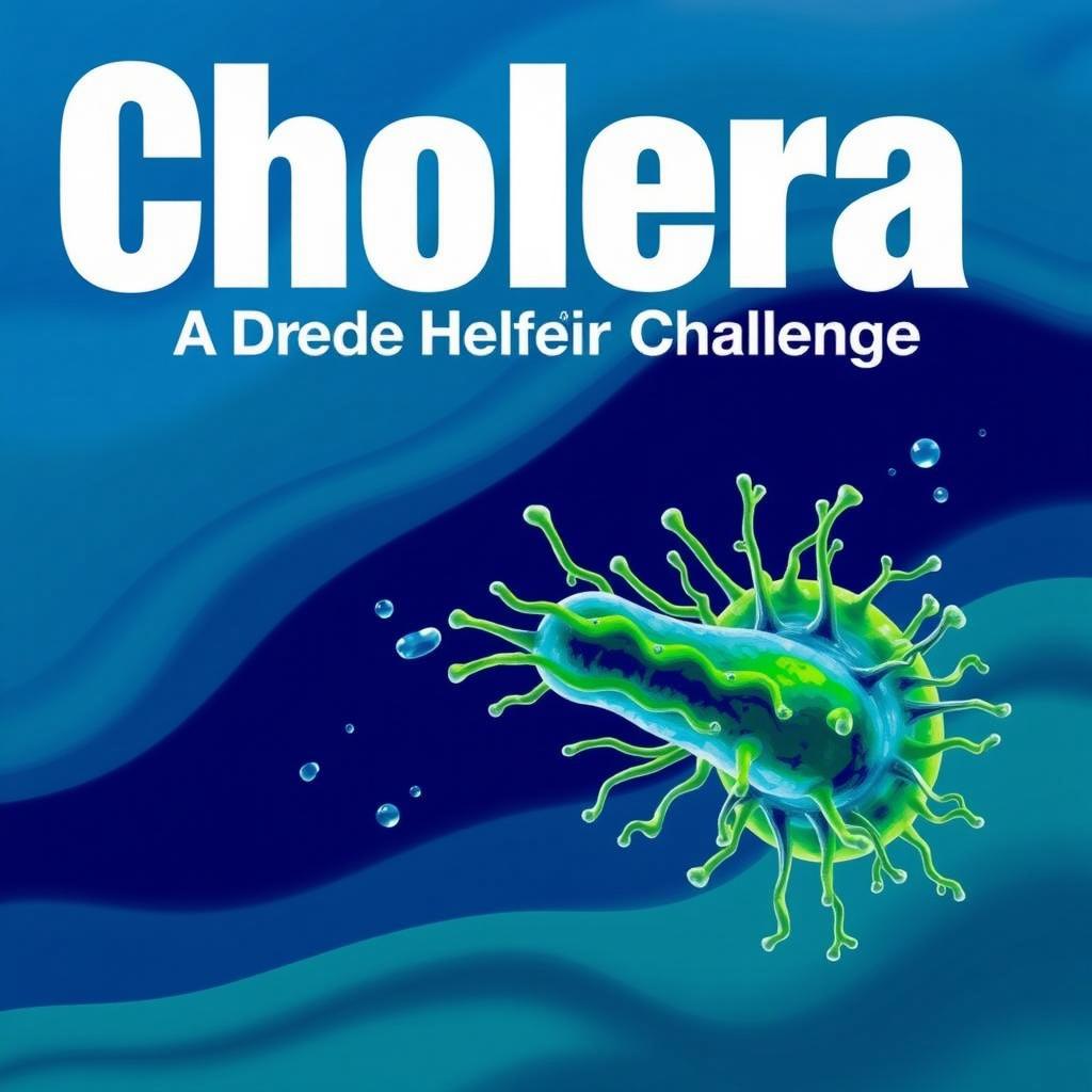 A stylized illustration of a cholera bacterium, vibrant green with blue highlights, surrounded by water droplets on a soft blue background
