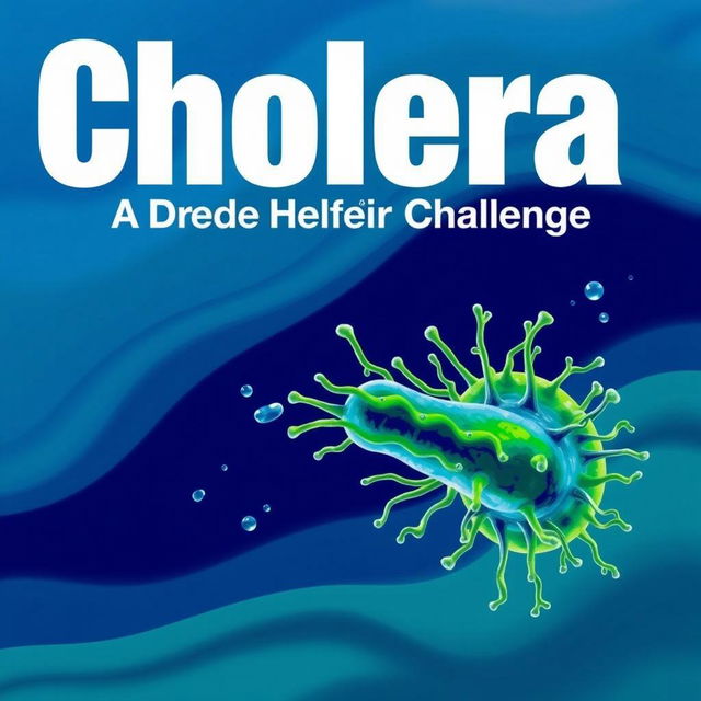 A stylized illustration of a cholera bacterium, vibrant green with blue highlights, surrounded by water droplets on a soft blue background