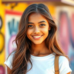 A beautiful young woman with tan skin, around 16 years old, featuring long, flowing brown hair and captivating brown eyes