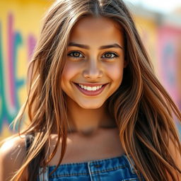 A beautiful young woman with tan skin, around 16 years old, featuring long, flowing brown hair and captivating brown eyes