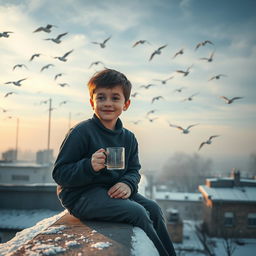 A young boy sitting on the rooftop of a building with a cup of tea in his hand, enjoying the serene morning atmosphere
