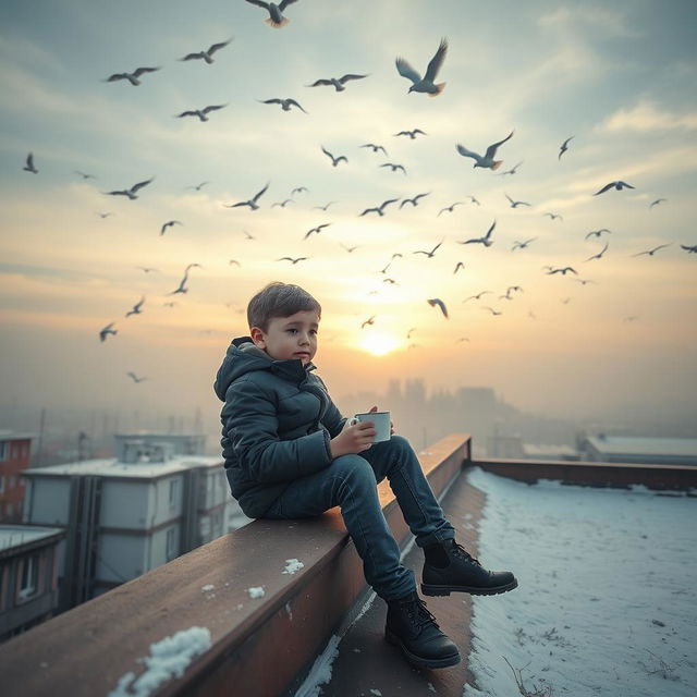 A young boy sitting on the rooftop of a building with a cup of tea in his hand, enjoying the serene morning atmosphere