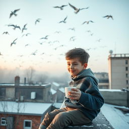 A young boy sitting on the rooftop of a building with a cup of tea in his hand, enjoying the serene morning atmosphere