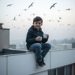 A young boy sitting on the rooftop of a building with a cup of tea in his hand, enjoying the serene morning atmosphere