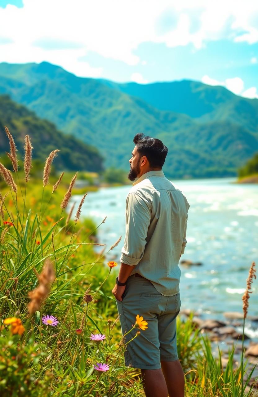 A picturesque scene behind the Brahmaputra River showcasing the beauty of nature, set against the majestic backdrop of lush green hills and a bright blue sky