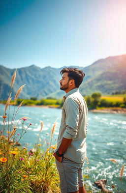 A picturesque scene behind the Brahmaputra River showcasing the beauty of nature, set against the majestic backdrop of lush green hills and a bright blue sky