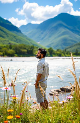 A picturesque scene behind the Brahmaputra River showcasing the beauty of nature, set against the majestic backdrop of lush green hills and a bright blue sky