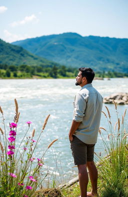 A picturesque scene behind the Brahmaputra River showcasing the beauty of nature, set against the majestic backdrop of lush green hills and a bright blue sky