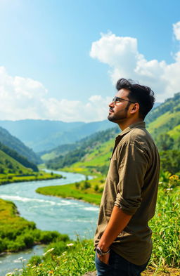 A serene landscape featuring the Brahmaputra River flowing gracefully through a lush green valley
