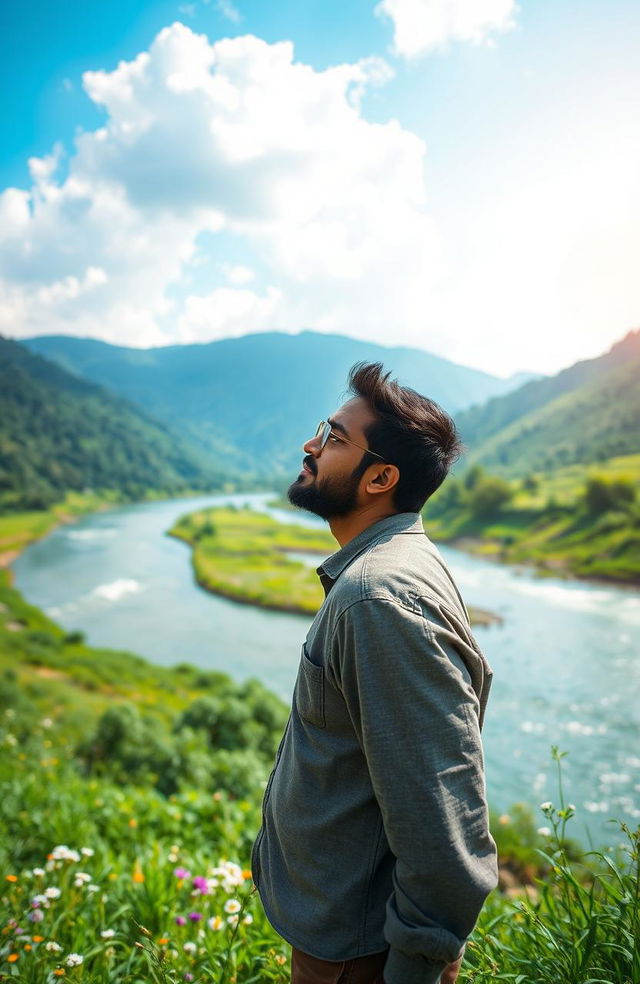 A serene landscape featuring the Brahmaputra River flowing gracefully through a lush green valley