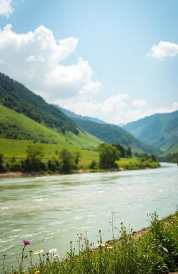 A serene landscape featuring the Brahmaputra River flowing gracefully through a lush green valley