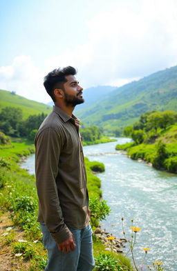 A serene landscape featuring the Brahmaputra River flowing gracefully through a lush green valley
