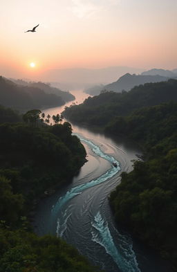 A breathtaking view of the Brahmaputra River flowing majestically through a lush landscape