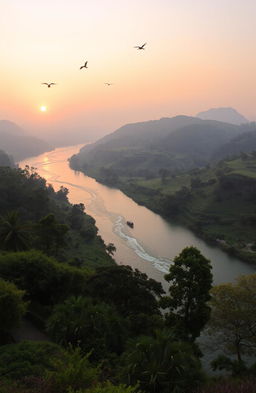 A breathtaking view of the Brahmaputra River flowing majestically through a lush landscape