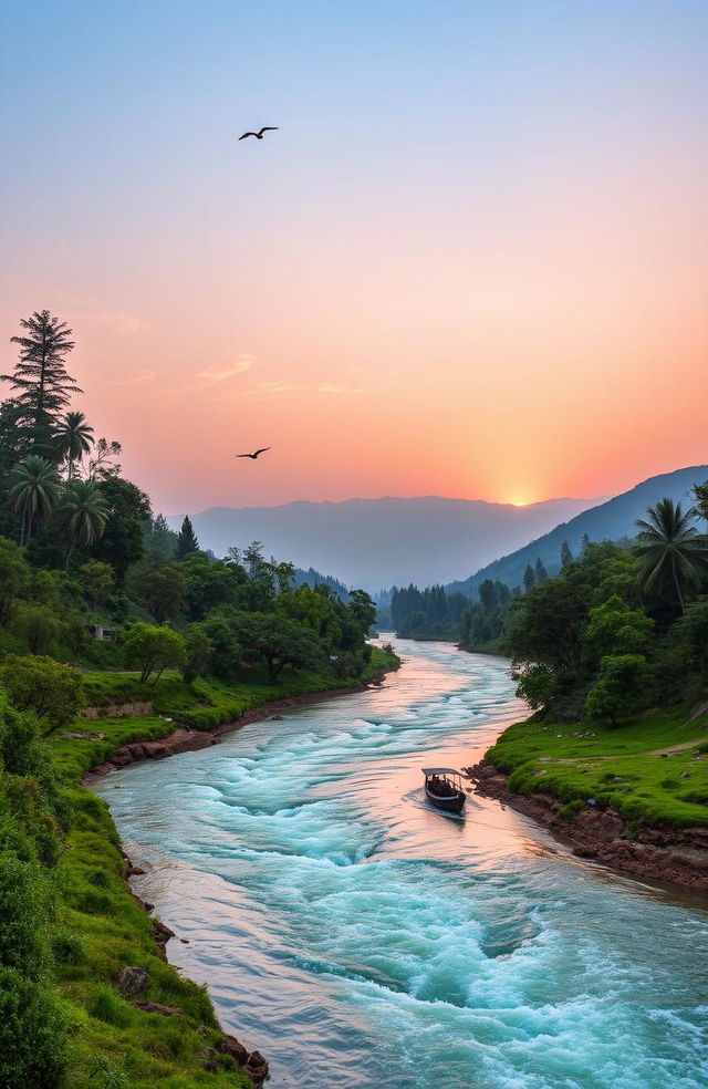 A breathtaking view of the Brahmaputra River flowing majestically through a lush landscape