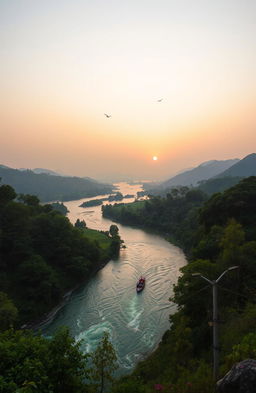 A breathtaking view of the Brahmaputra River flowing majestically through a lush landscape