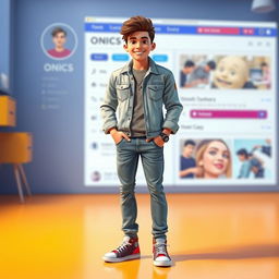 A full-body character wearing casual modern clothing including a stylish denim jacket, comfortable jeans, and trendy sneakers