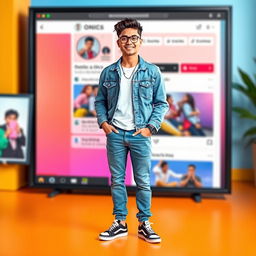 A full-body character wearing casual modern clothing including a stylish denim jacket, comfortable jeans, and trendy sneakers