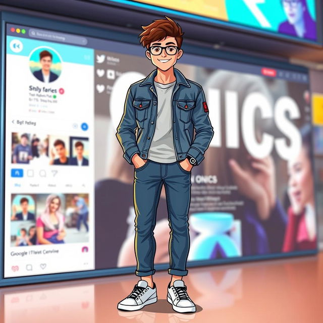 A full-body character wearing casual modern clothing including a stylish denim jacket, comfortable jeans, and trendy sneakers