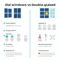 A visual infographic comparing old windows and double-glazed windows