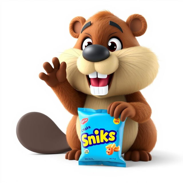 A 3D cartoon-style beaver character with a playful expression, depicted with its paw reaching out to grab a bright blue snack packaging