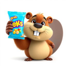 A 3D cartoon-style beaver character with a playful expression, depicted with its paw reaching out to grab a bright blue snack packaging