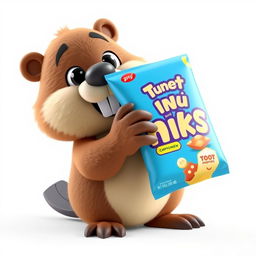 A 3D cartoon-style beaver character with a playful expression, depicted with its paw reaching out to grab a bright blue snack packaging