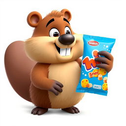 A 3D cartoon-style beaver character with a playful expression, depicted with its paw reaching out to grab a bright blue snack packaging
