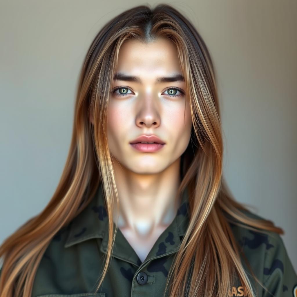 A stunningly beautiful Syrian man with a unique blend of South Korean ancestry, featuring long, dark blonde hair that cascades gracefully around his feminine face