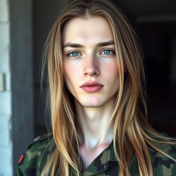 A stunningly beautiful Syrian man with a unique blend of South Korean ancestry, featuring long, dark blonde hair that cascades gracefully around his feminine face