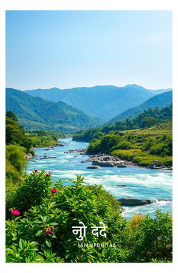 A serene landscape featuring the Brahmaputra River, showcasing its majestic waters flowing through lush green natural surroundings