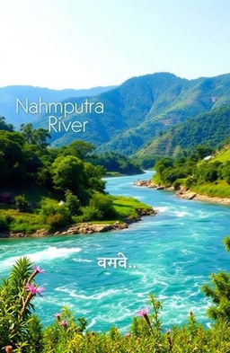 A serene landscape featuring the Brahmaputra River, showcasing its majestic waters flowing through lush green natural surroundings