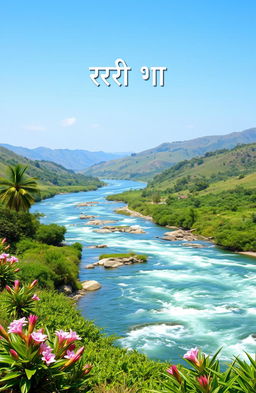 A serene landscape featuring the Brahmaputra River, showcasing its majestic waters flowing through lush green natural surroundings