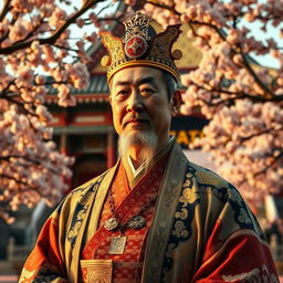 A majestic portrait of a Japanese emperor, dressed in traditional ceremonial attire, featuring ornate patterns and rich colors