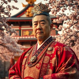 A majestic portrait of a Japanese emperor, dressed in traditional ceremonial attire, featuring ornate patterns and rich colors