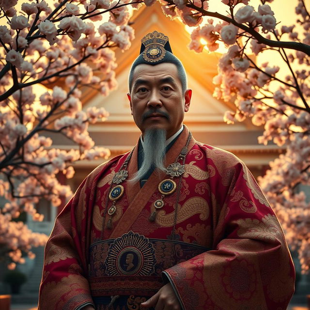 A majestic portrait of a Japanese emperor, dressed in traditional ceremonial attire, featuring ornate patterns and rich colors