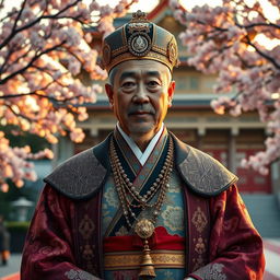 A majestic portrait of a Japanese emperor, dressed in traditional ceremonial attire, featuring ornate patterns and rich colors
