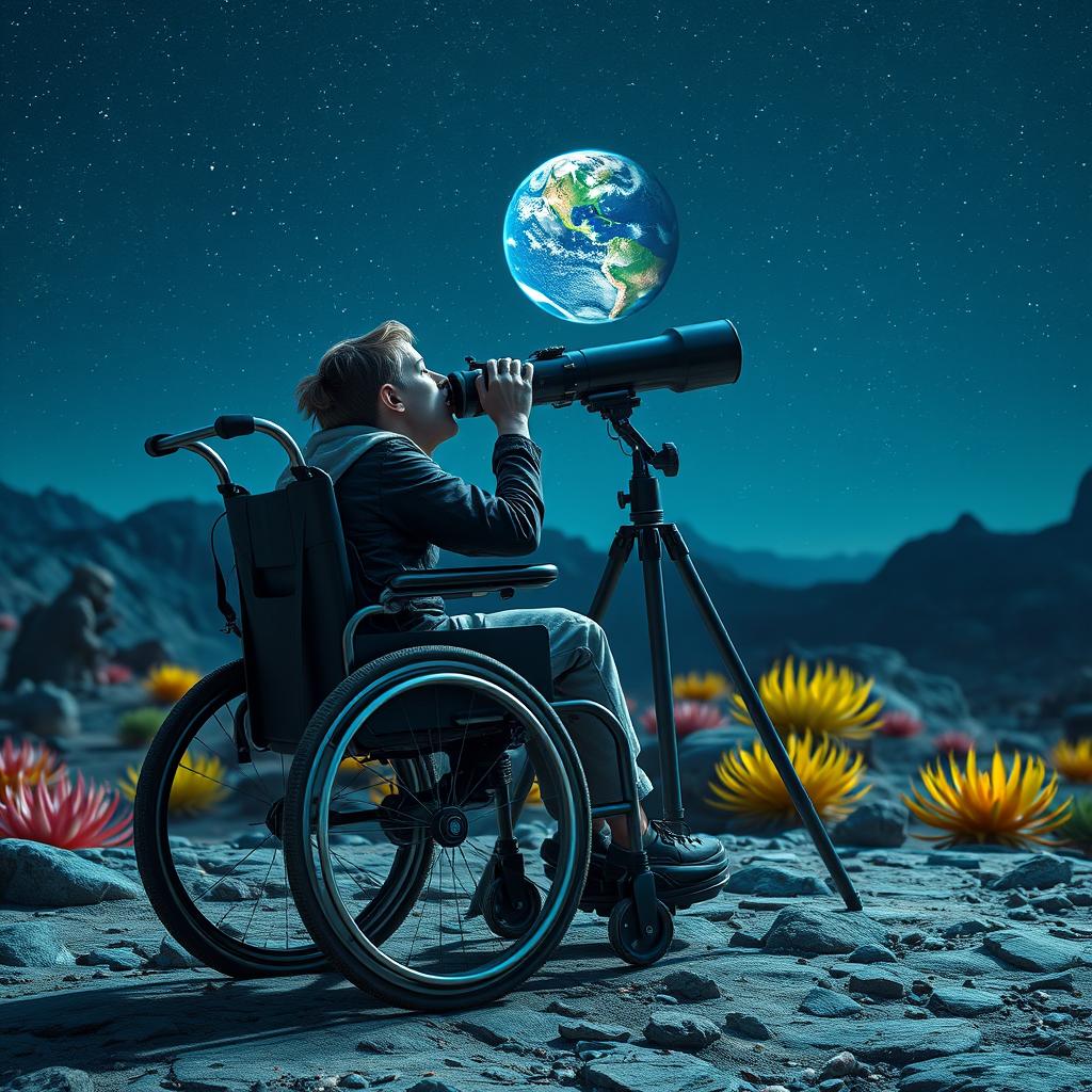 A disabled person in a modern wheelchair, positioned behind a large telescope set up on a rocky alien landscape