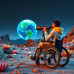 A disabled person in a modern wheelchair, positioned behind a large telescope set up on a rocky alien landscape