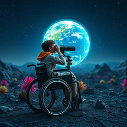 A disabled person in a modern wheelchair, positioned behind a large telescope set up on a rocky alien landscape