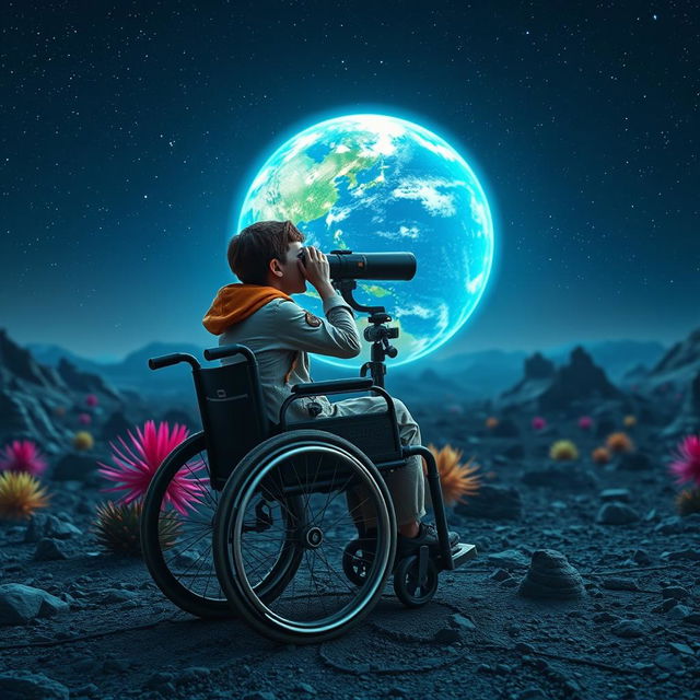 A disabled person in a modern wheelchair, positioned behind a large telescope set up on a rocky alien landscape