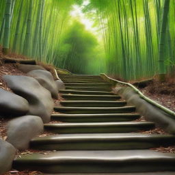 A highly realistic, top-quality photograph focusing on a series of separate white stone tile steps, descending down a mountain trail surrounded by a lush, green bamboo forest