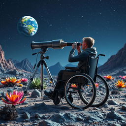 A disabled person in a modern wheelchair, positioned behind a large telescope set up on a rocky alien landscape