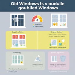 A visual infographic comparing old windows and double-glazed windows, featuring clear icons and graphics to illustrate key differences