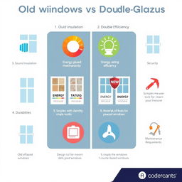 A visual infographic comparing old windows and double-glazed windows, featuring clear icons and graphics to illustrate key differences