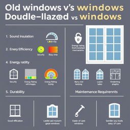 A visual infographic comparing old windows and double-glazed windows, featuring clear icons and graphics to illustrate key differences