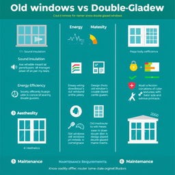 A visual infographic comparing old windows and double-glazed windows, featuring clear icons and graphics to illustrate key differences