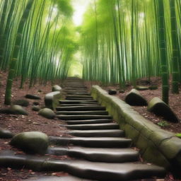 A highly realistic, top-quality photograph focusing on a series of separate white stone tile steps, descending down a mountain trail surrounded by a lush, green bamboo forest