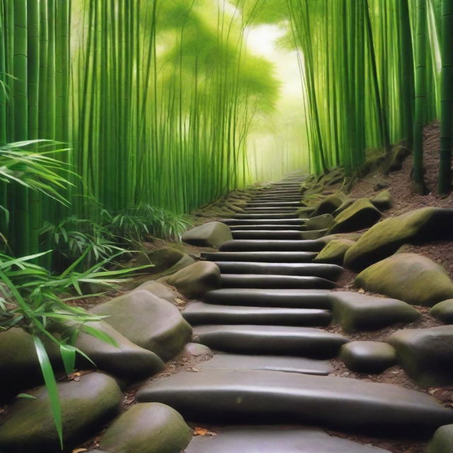 A highly realistic, top-quality photograph focusing on a series of separate white stone tile steps, descending down a mountain trail surrounded by a lush, green bamboo forest