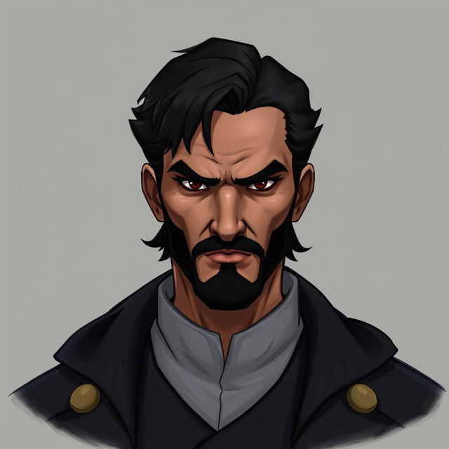 A powerful and serious character portrait inspired by Murad Alamdaar, featuring a strong and solid face that conveys determination and resolve